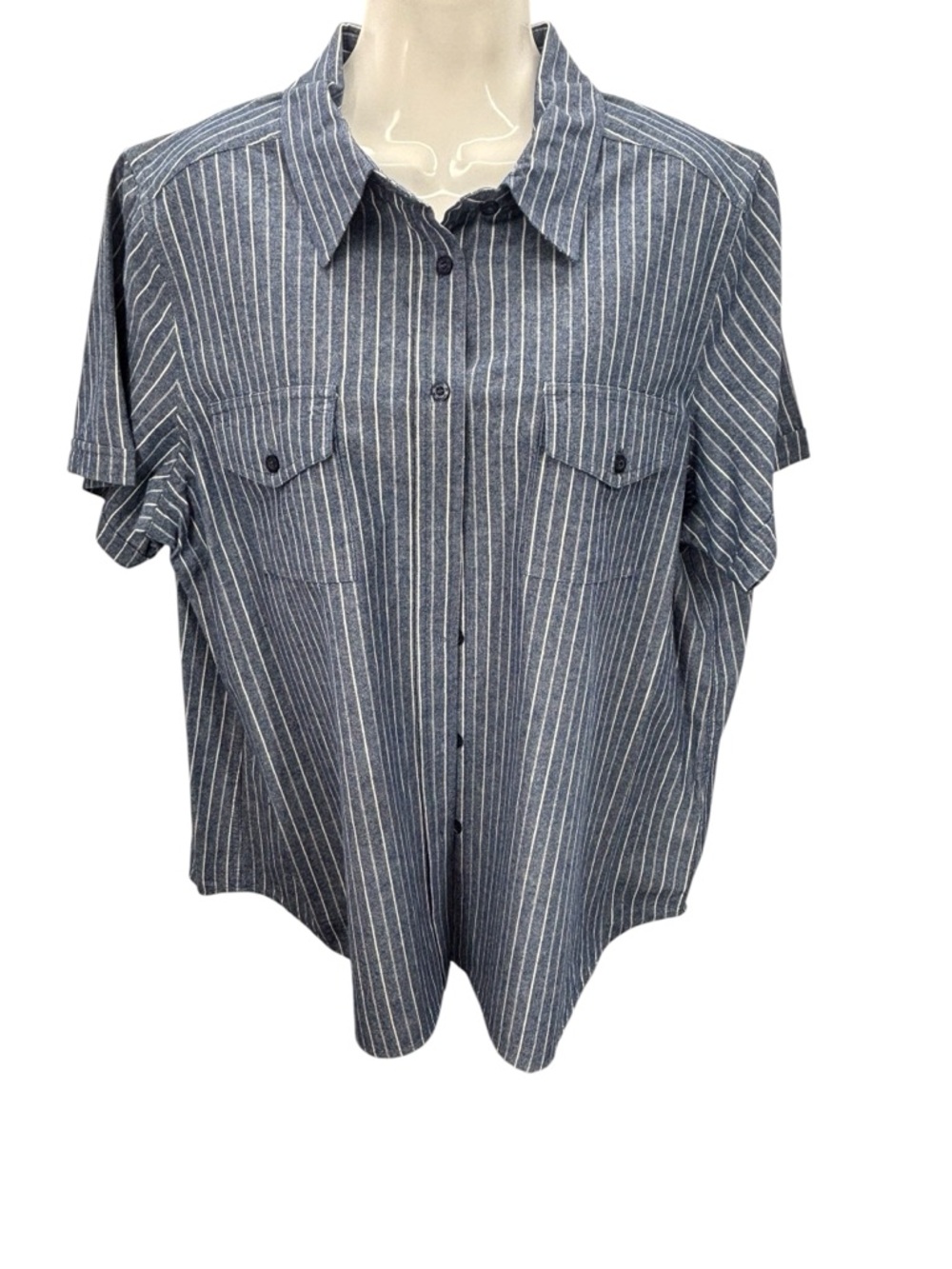 Woman Within Denim Blue White Striped Short Sleeve Shirt Button Up Pockets L